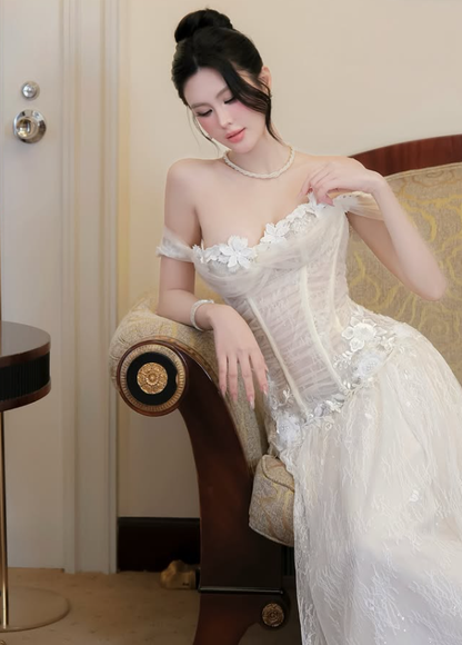 New White A Line Spaghetti Strap Sequin Lace Tulle Prom Dress Evening Dress DP7952