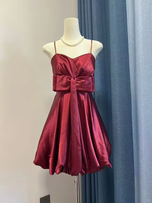 Simple A Line Spaghetti Strap Burgundy Satin Short Homecoming Dress Cocktail Dress with Bow DP2488