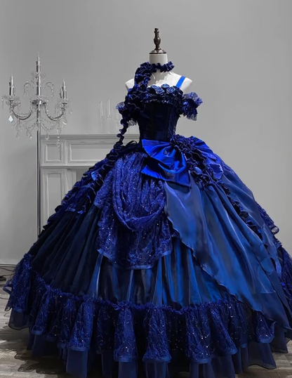 Dark Blue Ball Gown Spaghetti Strap Bow Lace Satin Prom Dress DP4160