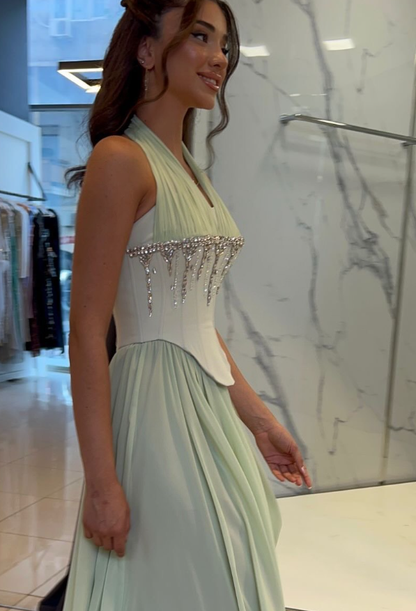 Sweety Green A Line Halter Corset Beaded Chiffon Long Prom Dress Evening Dress DP6056
