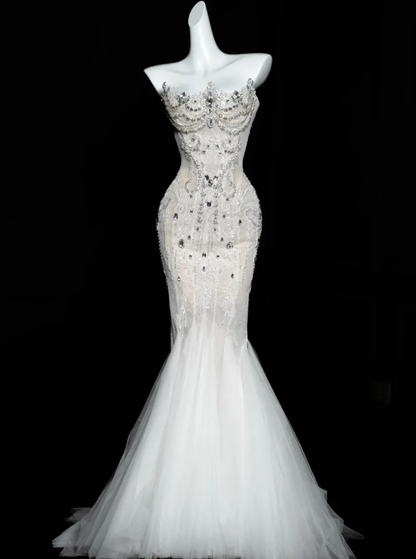 Charming Mermaid Strapless Rhinestone White Tulle Long Prom Dress DP2751