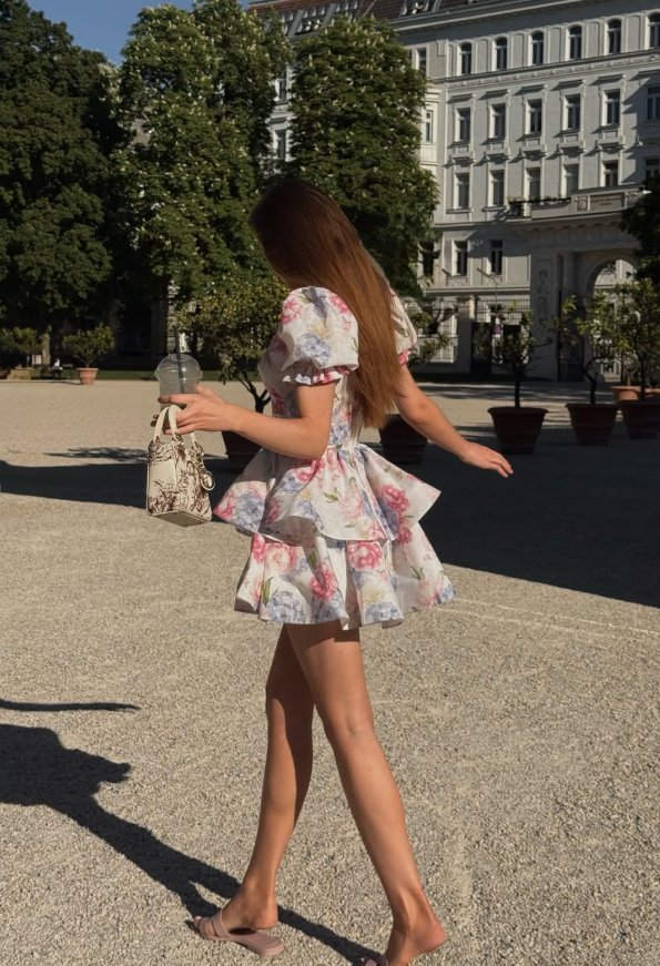 Pink-Blue Print A Line Puff Sleeve Layered Chiffon Short Homecoming Dress Outfits DP6016