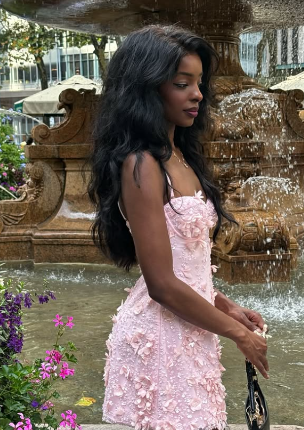 Cute Pink A Line Spaghetti Strap Floral Beaded Tulle Short Homecoming Dress DP4376