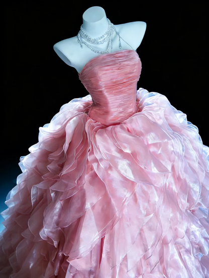 Dreamy Pink A Line Strapless Layered Organza Prom Dress Party Evening Dress DP5346