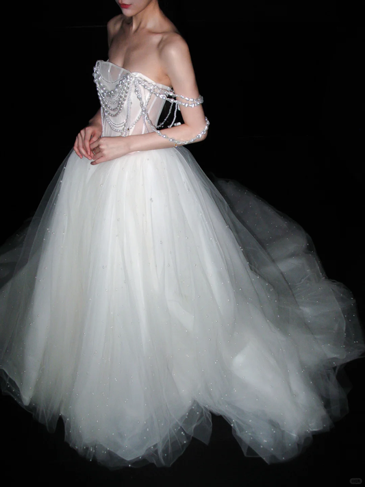 Luxurious White Pearl A Line Straps Tulle Long Wedding Dress DP8085