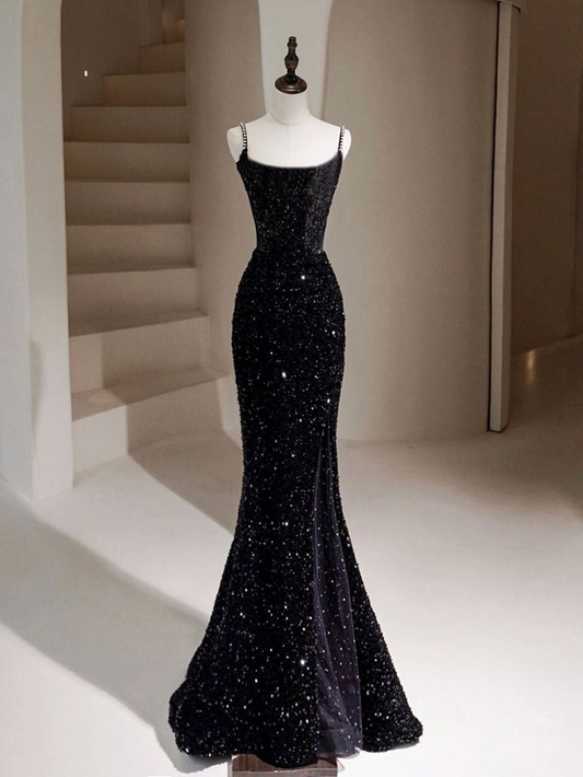 Charming Black Mermaid Sequin Beaded Long Prom Dress Evening Dress DP004