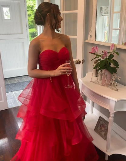 Charming Red A Line Sweetheart Neck Layered Organza Prom Dress Evening Dress DP6359