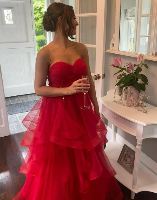 Charming Red A Line Sweetheart Neck Layered Organza Prom Dress Evening Dress DP6359