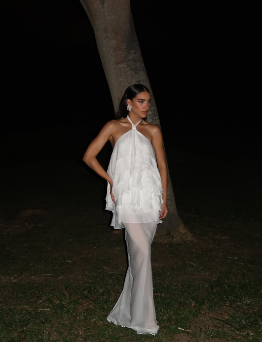 Simple Sheath Halter Tiered White Chiffon Prom Dress Evening Dress DP1908