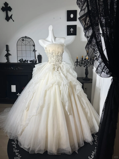 Apricot A Line Strapless Beaded Ruffle Tulle Prom Dress Evening Dress DP6983