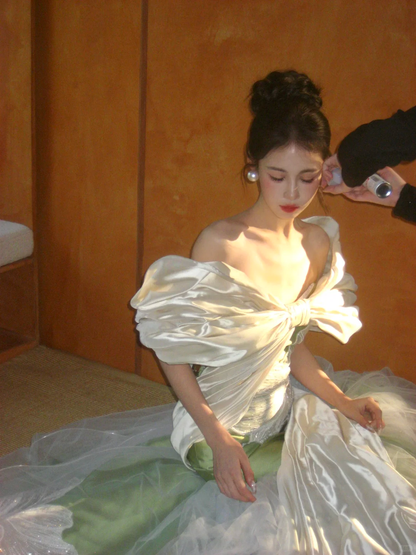 Dreamy Mermaid Off the Shoulder Beaded Green White Satin Prom Dress 18th Birthday Dress DP4461