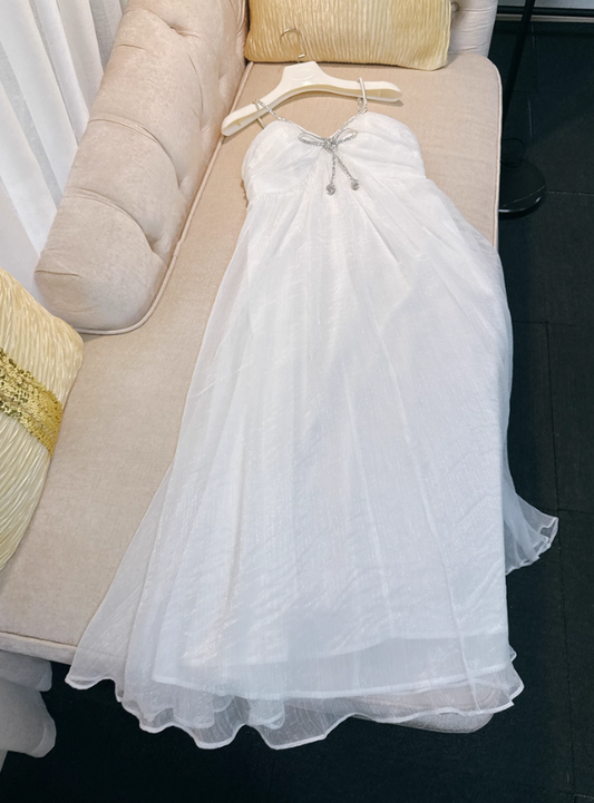 Elegant White A Line Spaghetti Straps Beaded Chiffon Prom Dress Outfits DP4482