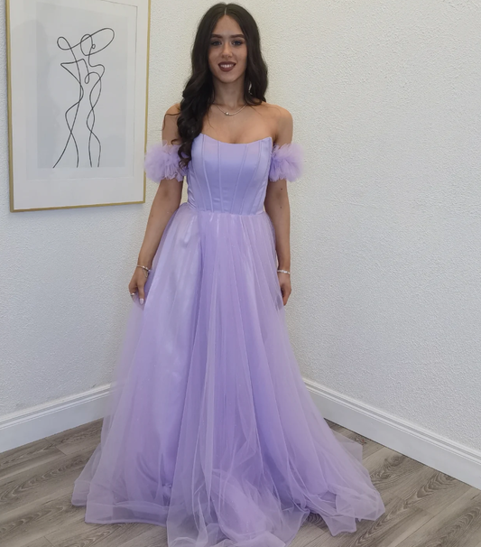 Sweety Purple A Line Off the Shoulder Tulle Satin Long Prom Dress Outfits DP6329