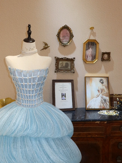 Stunning Ball Gown Strapless Rhinestone Layered Tulle Prom Dress Evening Dress DP7056