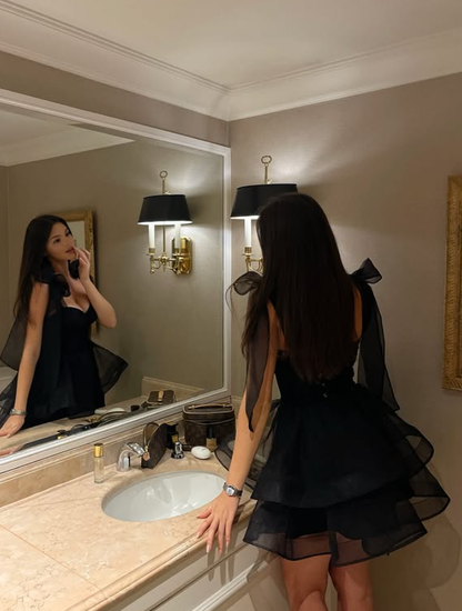 Black A Line Straps Layered Organza Short Homecoming Dress Outfits DP6004