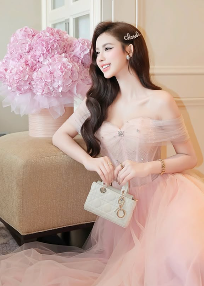 Pink A Line Off the Shoulder Beaded Tulle Prom Dress Evening Dress DP5928