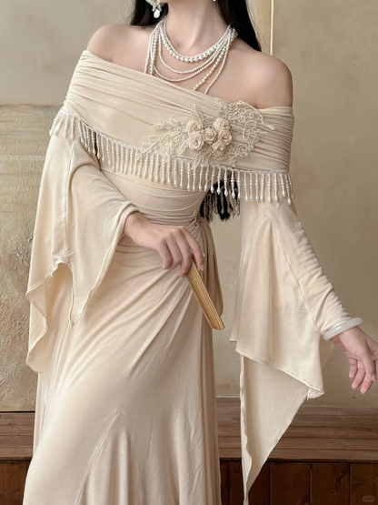 Vintage A Line Long Sleeve Beaded Apricot Satin Long Prom Dress Evening Dress DP6465