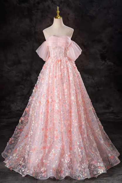 Pink Tulle Flowers Long Formal Dress Off the Shoulder Evening Party Dress DP490
