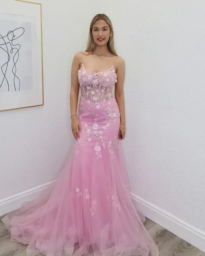 Sweety Pink Mermaid Spaghetti Strap Appliques Tulle Backless Prom Dress Evening Dress DP6592