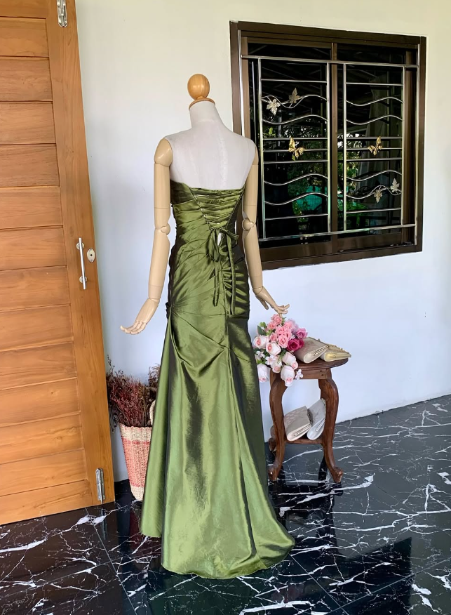 Green A Line Strapless Satin Long Prom Dress Evening Dress DP1833