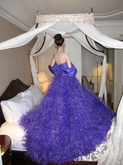 Charming A Line Sweetheart Neck Grape Purple Feather Satin Ball Gown Prom Dress DP2521