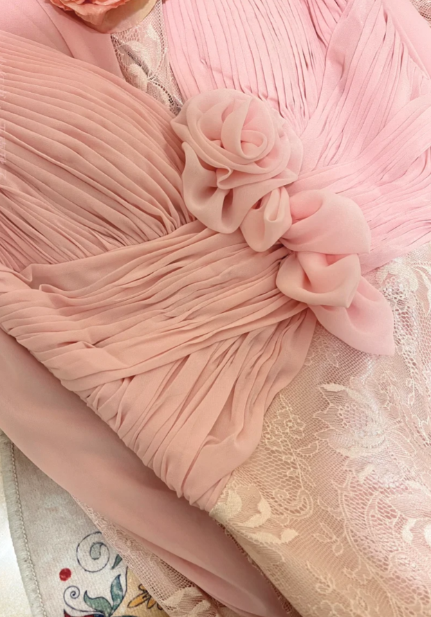 Gentle Mermaid V Neck Light Pink Lace Chiffon Long Prom Dress Wedding Guest Dress DP4274