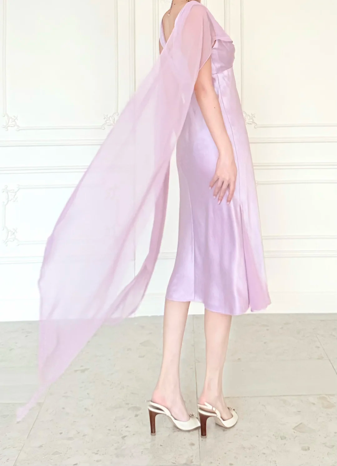 Gentle Light Purple A Line V Neck Chiffon Satin Prom Dress Evening Dress DP6442