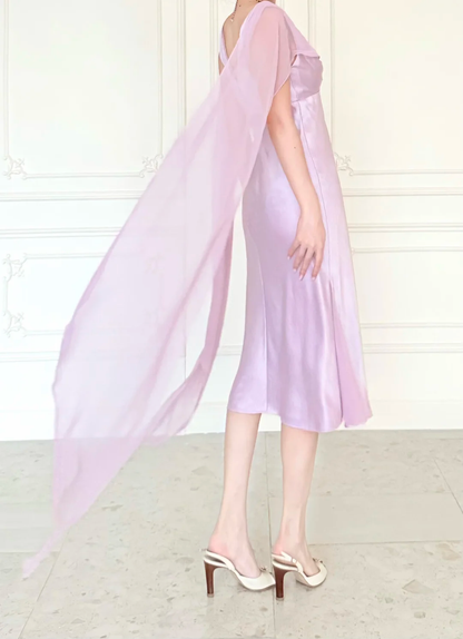 Gentle Light Purple A Line V Neck Chiffon Satin Prom Dress Evening Dress DP6442
