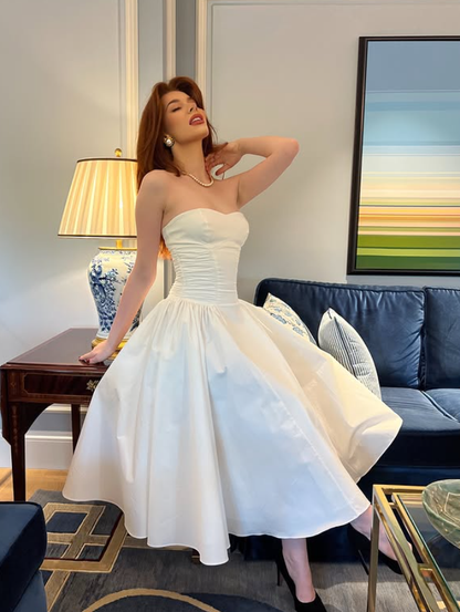 Cute White A Line Sweetheart Neck Satin Prom Dress Date Dress DP4288