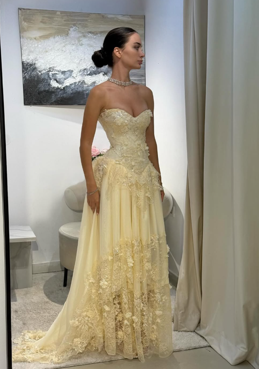 Elegant A Line Sweetheart Neck Beaded Lace Light Yellow Chiffon Dresses DP4178