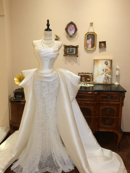 Beautiful Mermaid Strapless Beaded Lace Satin Long Prom Dress Wedding Dress DP6998