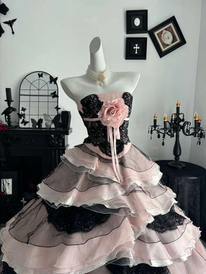 Black-pink Ball Gown Strapless Layered Organza Prom Dress Quinceanera Dress DP6969