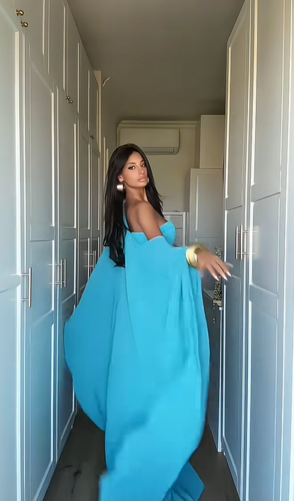 Stunning Blue A Line Strapless Flowy Chiffon Long Prom Dress Date Dress DP4516