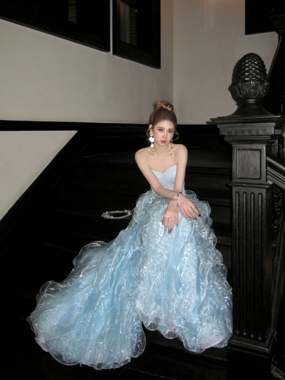 Stunning Baby Blue Ball Gown Shiny Sequin Flowy Organza Long Prom Dress Evening Dress DP5382