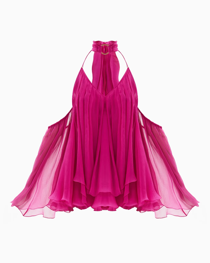 Sexy A Line Halter Hot Pink Chiffon Short Open Back Homecoming Dress DP2738