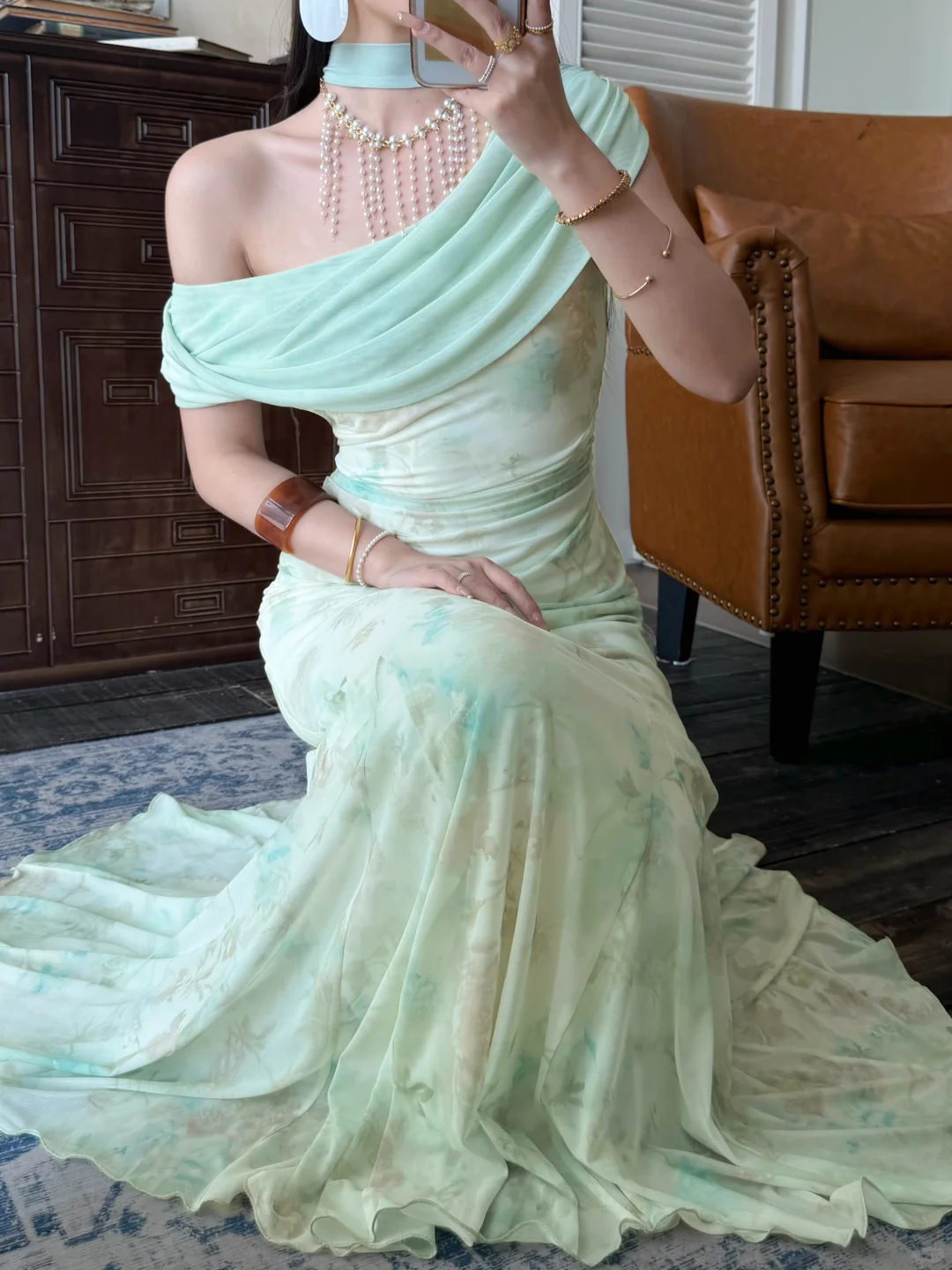 Gentle Light Green Mermaid Print Floral Chiffon Long Prom Dress Evening Dress DP5648