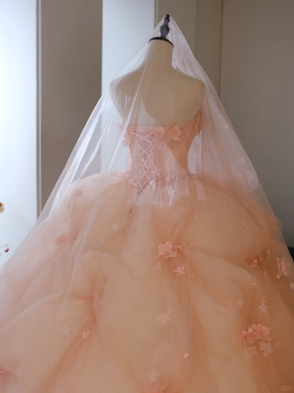 Gorgeous A Line Sweetheart Neck Flower Pink Tulle Prom Dress Evening Dress DP2186