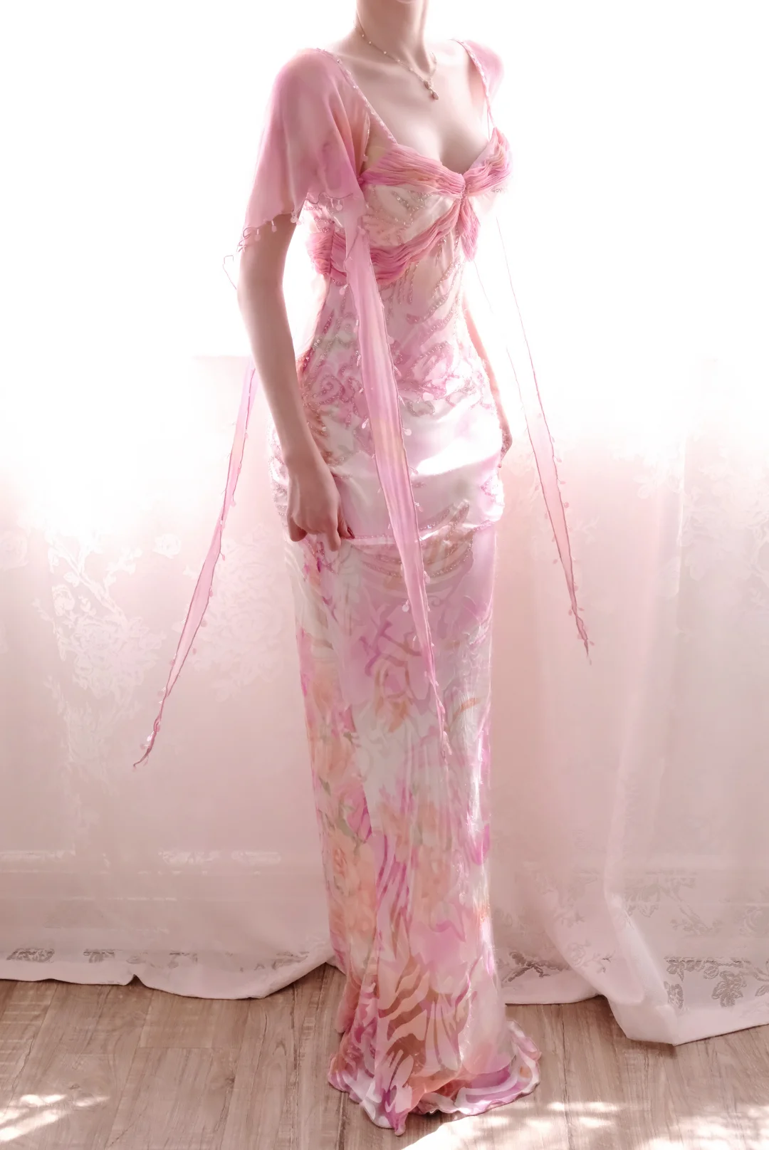 Gentle Pink Vintage Sheath Straps Print Floral Chiffon Long Prom Dress DP5068