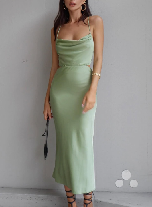 Simple Sheath Spaghetti Strap Green Satin Open Back Prom Dress Evening Dress DP1728