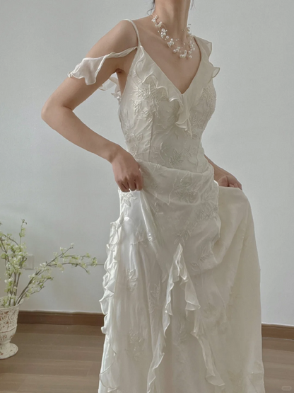Flowy Mermaid Strap Beaded Ruffle Satin Long Prom Dress Evening 18th Birthday Dress DP3348