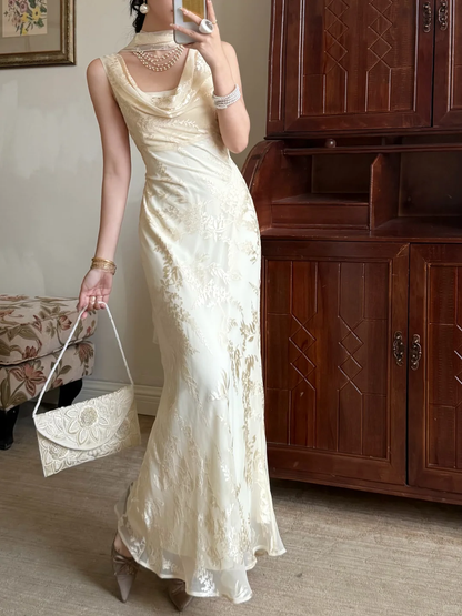 Gentle Mermaid Print Flower Light Champagne Chiffon Long Prom Dress Evening Dress DP6788