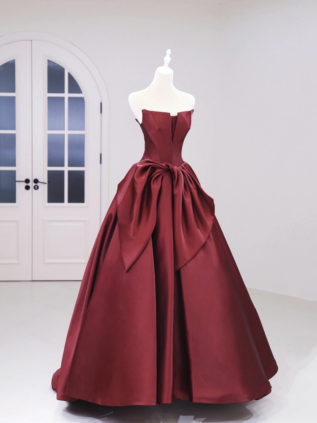 Strapless Burgundy Satin Long A-Line Prom Dress  DP602