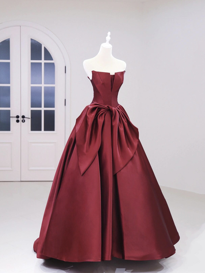 Strapless Burgundy Satin Long A-Line Prom Dress  DP602