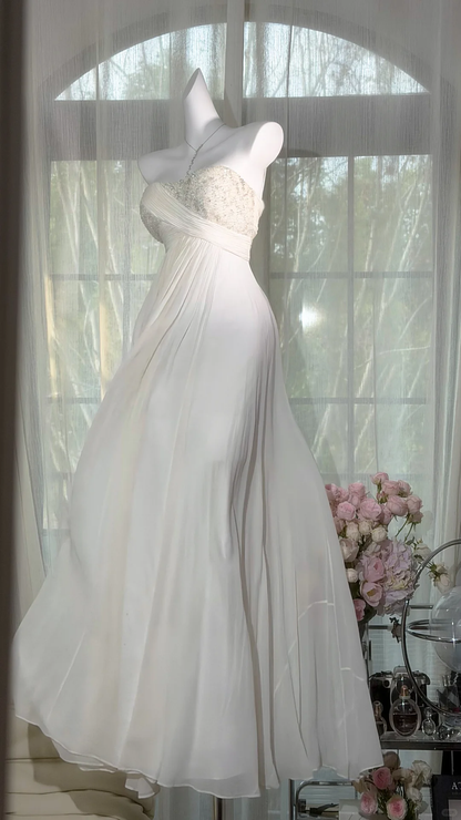 Timeless Elegance Vintage White Beaded Chiffon Long Prom Dress DP5152