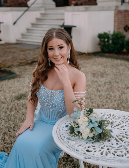 Glamorous Mermaid Off the Shoulder Beaded Blue Satin Long Prom Dress Evening Dress DP6278