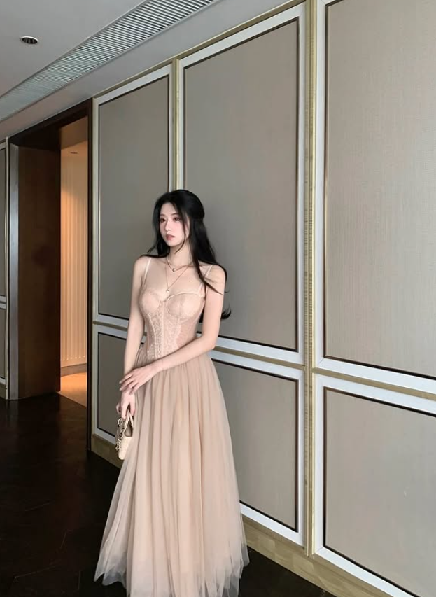 Sexy Brown A Line Spaghetti Strap Lace Tulle Prom Dress Evening Dress DP5426