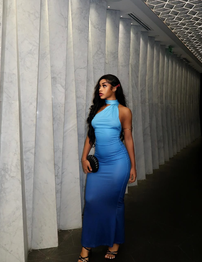 Uniques Sheath Halter Ombre Blue Satin Prom Dress Evening Dress DP1913