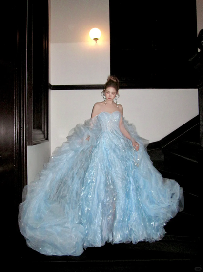 Stunning Baby Blue Ball Gown Shiny Sequin Flowy Organza Long Prom Dress Evening Dress DP5382