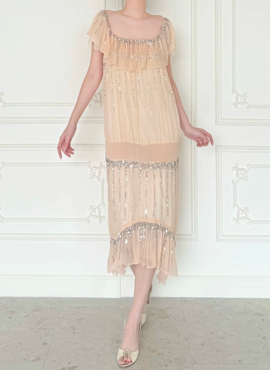 Vintage A Line Square Neck Sequin Chiffon Prom Dress Evening Dress DP6448