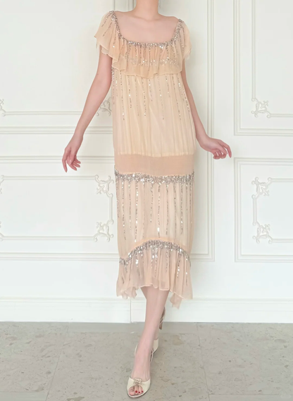 Vintage A Line Square Neck Sequin Chiffon Prom Dress Evening Dress DP6448